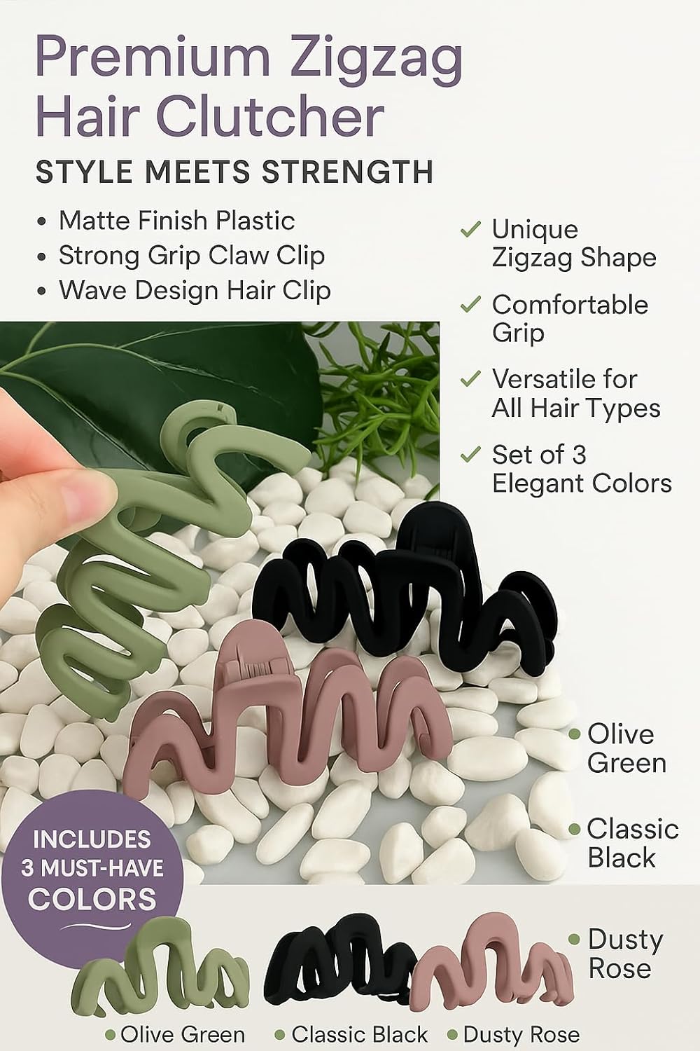Pack of 3 Korean Zig Zag Hair Clutcher | Trendy Hair Claw Clips with Strong Grip for Women & Girls | Dailye Wear