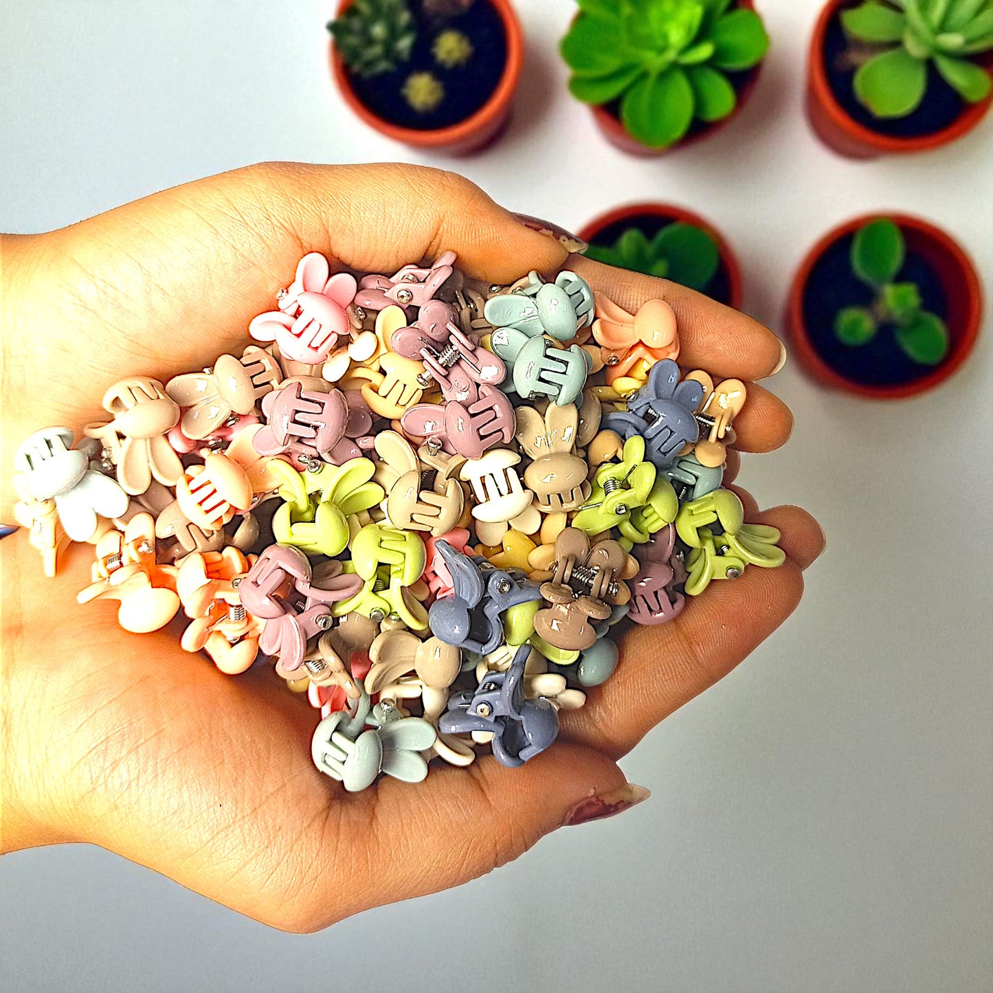 Pack 50 of Mini Colorful bunny & Square Hair Clutcher Clips for Girls & Women