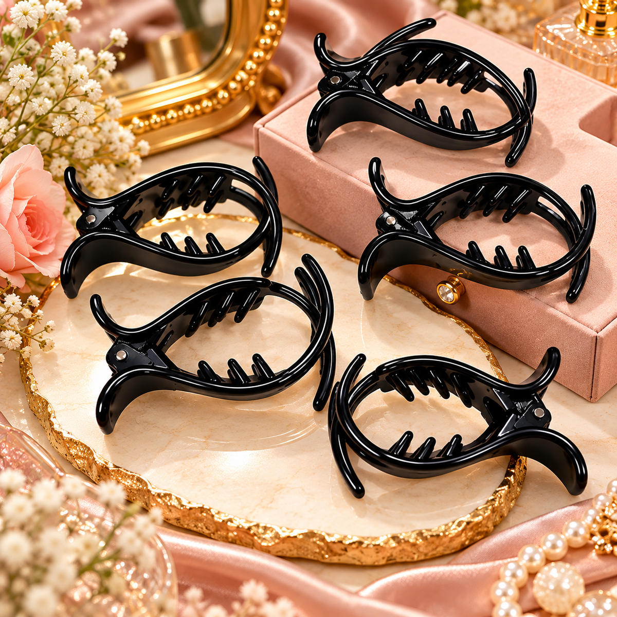 Freebies Glossy Black Hair Claw Clip for Women & Girls, Strong Hold Banana Clutcher, Non Slip Hair Catcher, Large Curved Jaw Clip, Stylish Korean Hair Accessories for Bun & Daily Wear