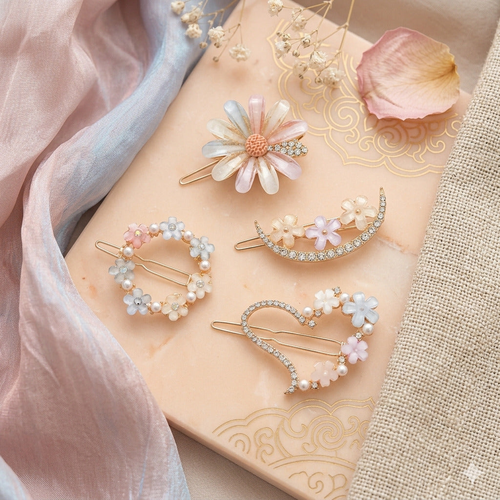 Korean Floral Pearl Hair Pin Set for Women | Elegant Flower Snap Hair Clips | Stylish Korean Hair Accessories for Girls