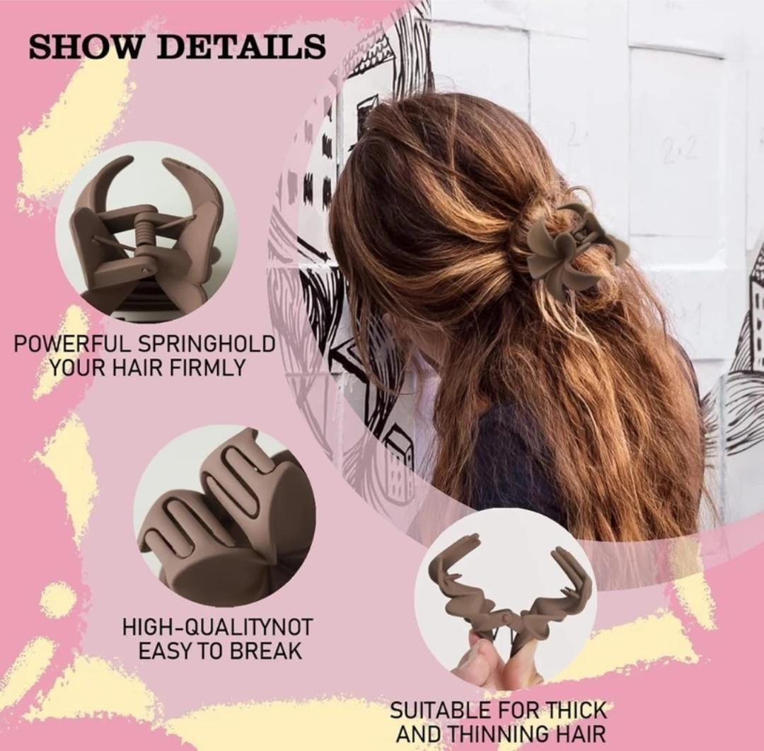 Matte Flower Hair Clutcher for Women & Girls – Strong Grip Stylish Hair Clips | Pack of 3 Multicolor Big Claw Clips
