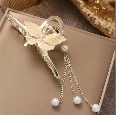 Freebies Gold Butterfly Hair Clutcher with Pearl Chains – Elegant Hair Clip for Women & Girls | Party & Bridal Hair Accessory Pack of 1
