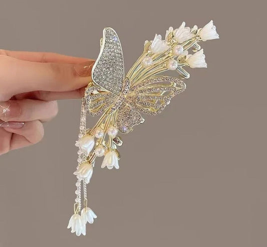 Stylish Metal Butterfly Hair Clutcher for Women and Girls | Pearl & Crystal Stone Hair Clip for Party, Wedding & Daily Use