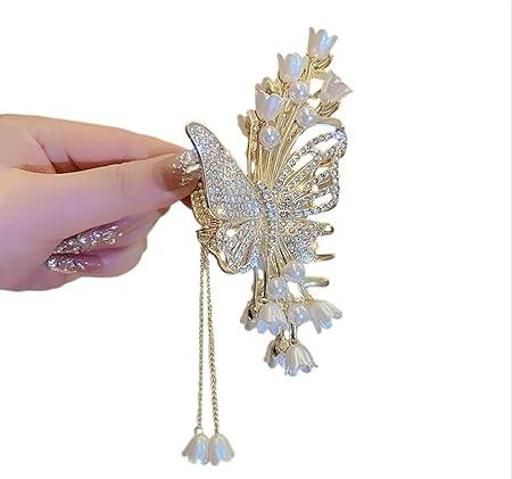 Stylish Metal Butterfly Hair Clutcher for Women and Girls | Pearl & Crystal Stone Hair Clip for Party, Wedding & Daily Use