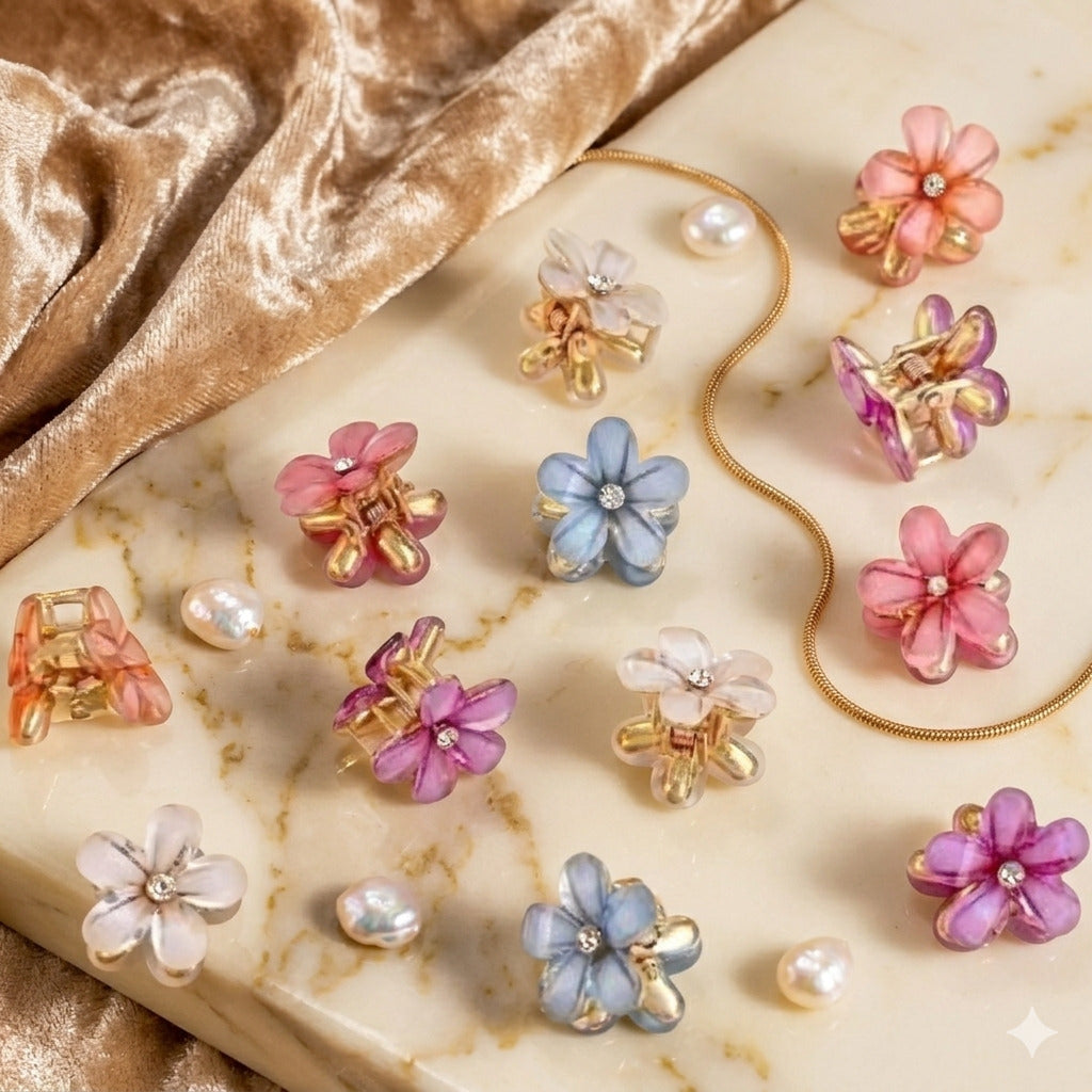 Crystal Flower Mini Hair Clip for Women & Girls | Floral Hair Clutcher | Cute Mini Hair Claw Clip | Strong Hold Hair Accessory