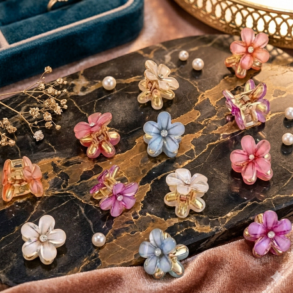 Crystal Flower Mini Hair Clip for Women & Girls | Floral Hair Clutcher | Cute Mini Hair Claw Clip | Strong Hold Hair Accessory