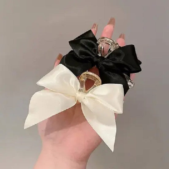 Freebies Satin Bow Hair Clutcher for Women & Girls | Korean Hair Claw Clip | Large Ribbon Bow Hair Clip | Acrylic Claw Clip | Elegant Hair Accessories | French Barrette | Ponytail Holder | Party Daily Wear