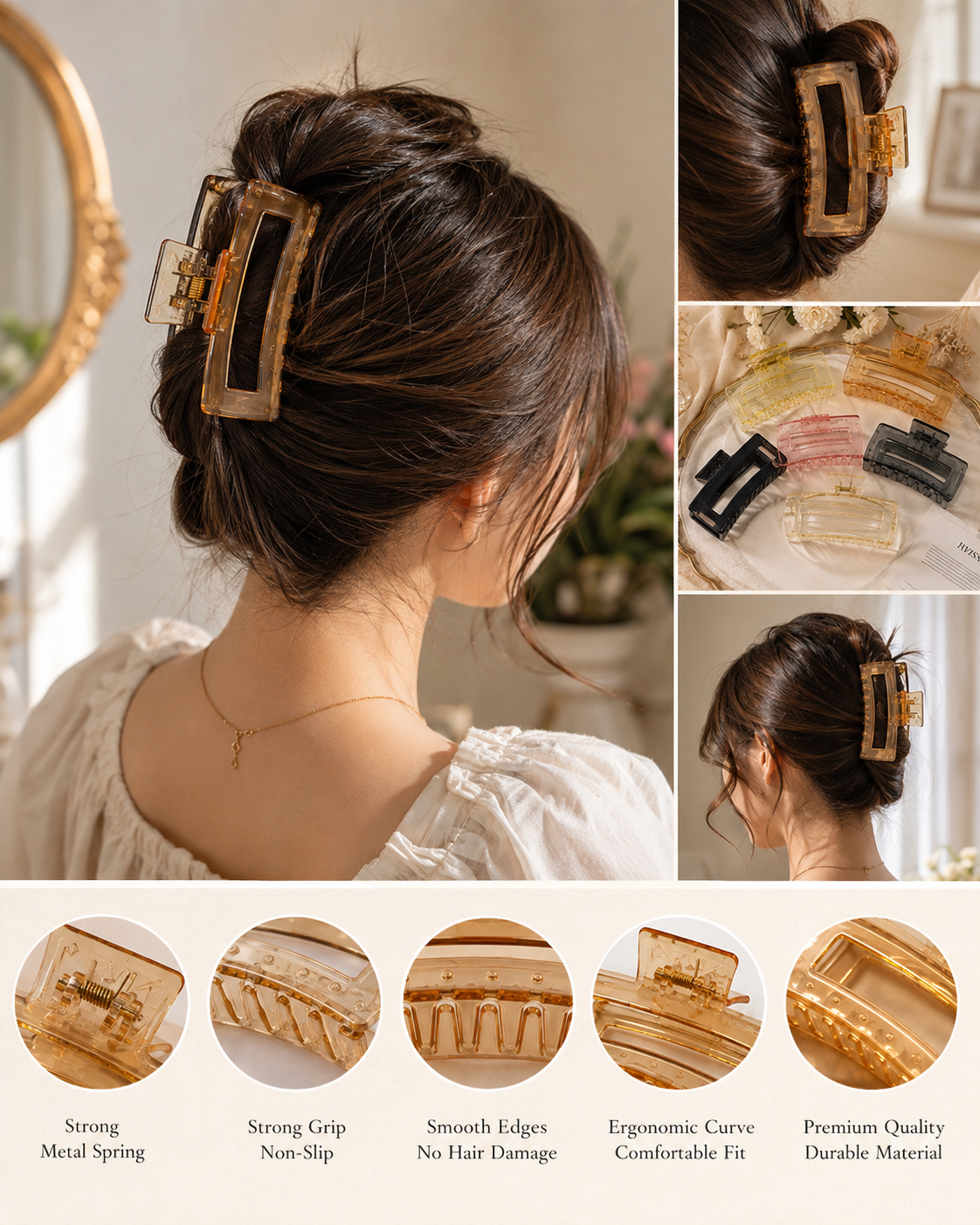 Freebies Premium Rectangular Hair Claw Clips for Women & Girls, Stylish Strong Grip Hair Accessories, Trendy Hair Clips for Daily Styling