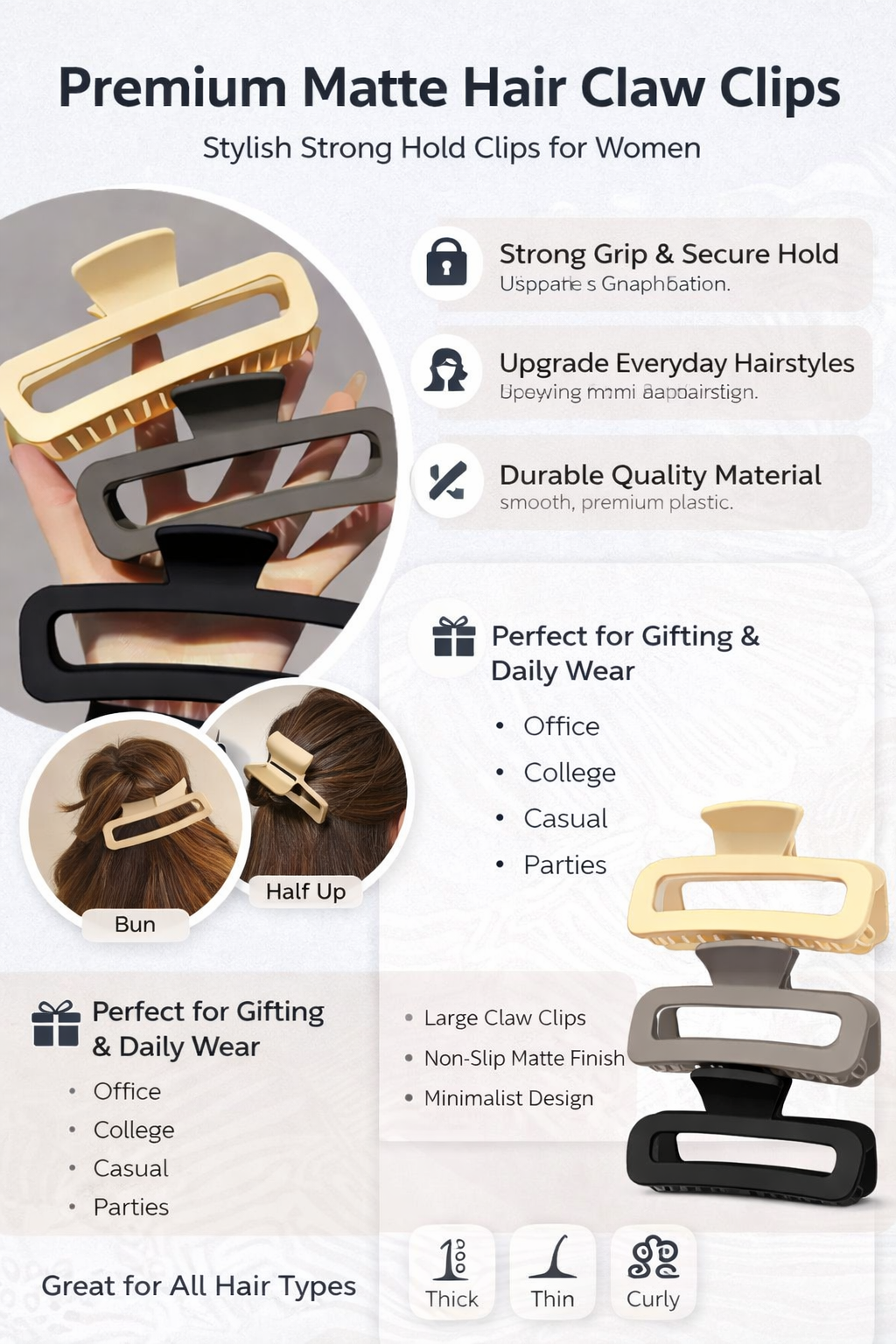 Premium Matte Hair Claw Clips for Women | Large Strong Hold Hair Clips | Elegant Minimalist Hair Accessories for Daily Wear & Styling Pack of 3