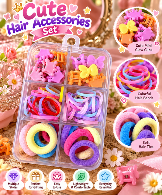 Freebies Kids Hair Accessories Combo Set for Girls, Mini Butterfly Claw Clips, Cute Crown Hair Clutcher, Colorful Rubber Bands, Soft Ponytail Holders, Elastic Hair Ties, Baby Hair Styling Kit, Multicolor Small Organizer Storage Box