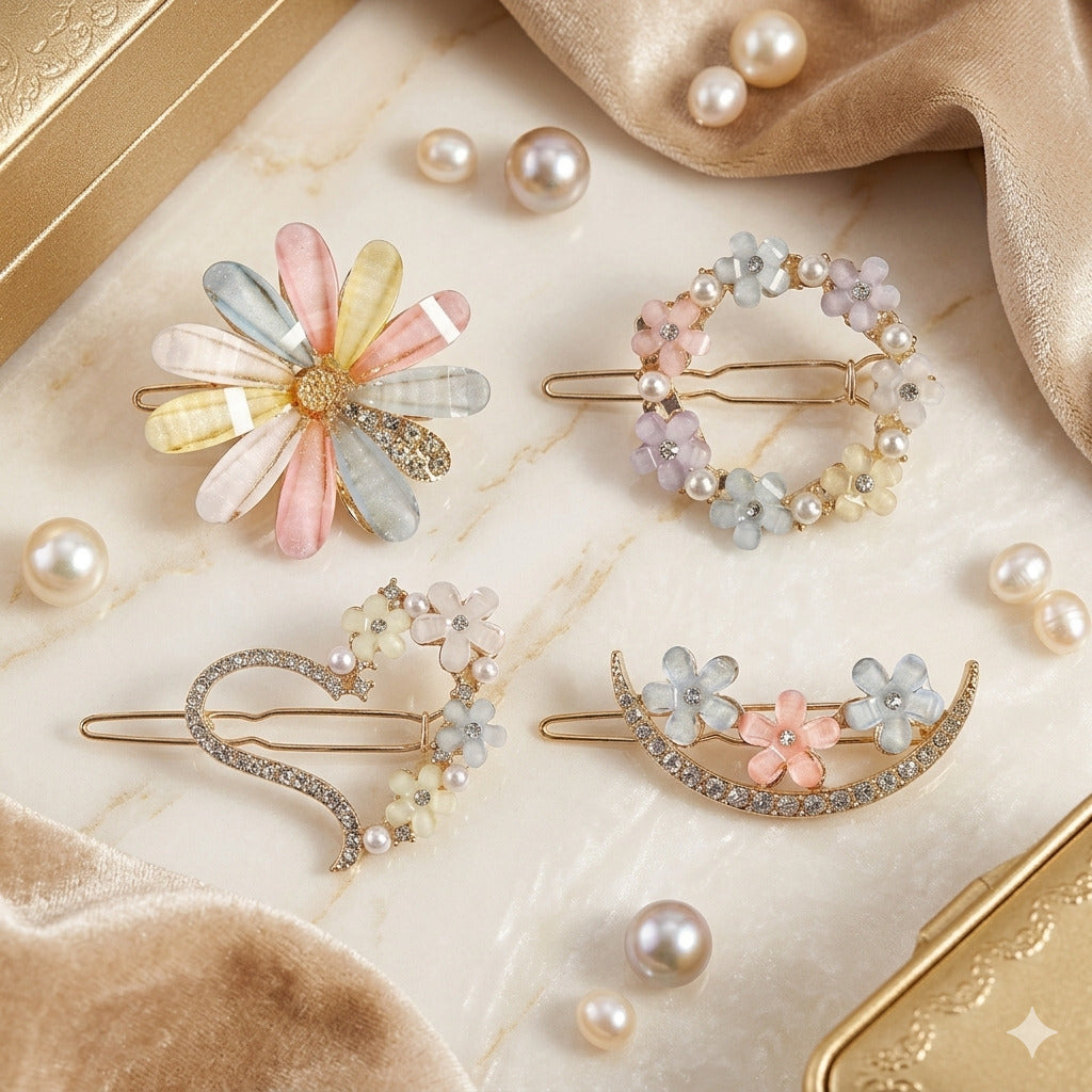Korean Floral Pearl Hair Pin Set for Women | Elegant Flower Snap Hair Clips | Stylish Korean Hair Accessories for Girls