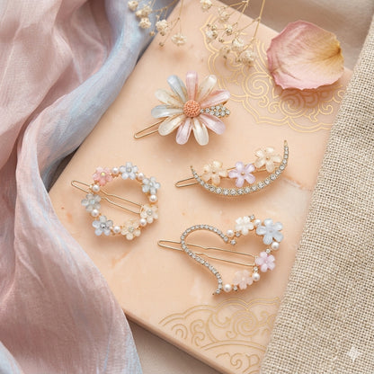 Korean Floral Pearl Hair Pin Set for Women | Elegant Flower Snap Hair Clips | Stylish Korean Hair Accessories for Girls