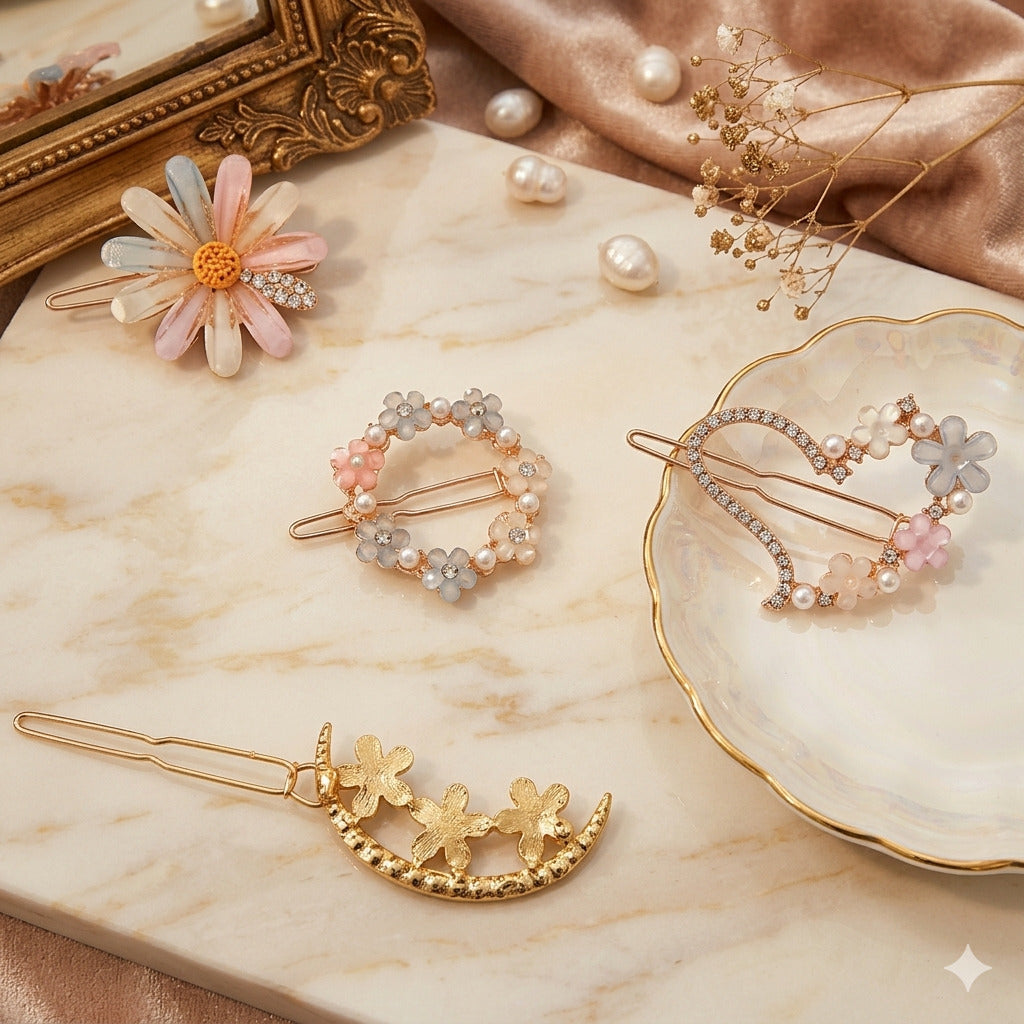 Korean Floral Pearl Hair Pin Set for Women | Elegant Flower Snap Hair Clips | Stylish Korean Hair Accessories for Girls
