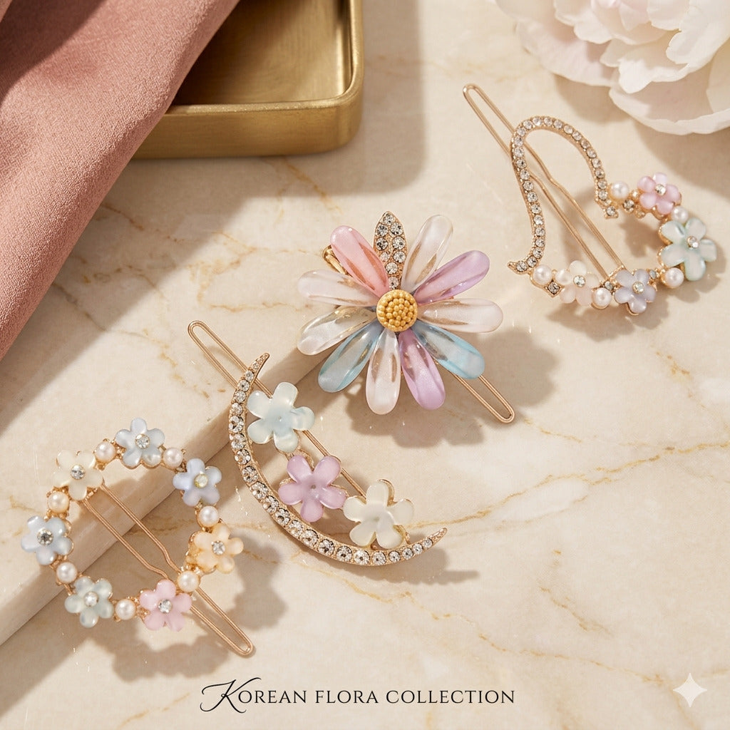 Korean Floral Pearl Hair Pin Set for Women | Elegant Flower Snap Hair Clips | Stylish Korean Hair Accessories for Girls