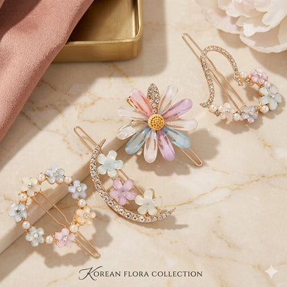 Korean Floral Pearl Hair Pin Set for Women | Elegant Flower Snap Hair Clips | Stylish Korean Hair Accessories for Girls