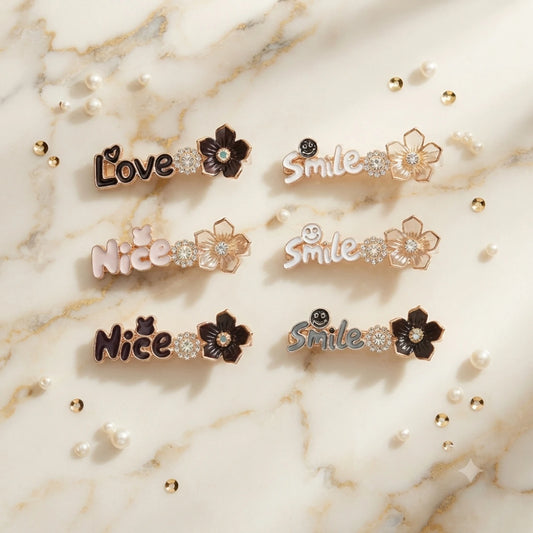 Freebies Floral Word Hair Barrette, Rhinestone Decorative Snap Clip, Korean Style Statement Accessory, Elegant Side Pin for Women & Girls, Trendy Fashion Hair Ornament