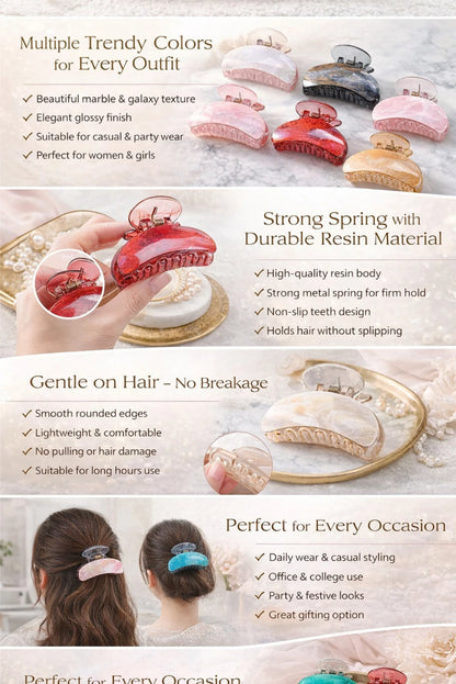 Freebies Galaxy Glitter Hair Claw Clips for Women & Girls, Korean Style Transparent Marble Hair Clutcher, Sparkling Strong Hold Jaw Clip, Trendy Acrylic Hair Accessories for Thick & Thin Hair, Bun & Daily Hairstyles