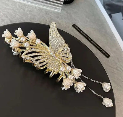 Stylish Metal Butterfly Hair Clutcher for Women and Girls | Pearl & Crystal Stone Hair Clip for Party, Wedding & Daily Use