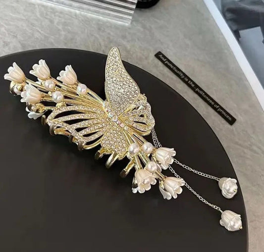 Stylish Metal Butterfly Hair Clutcher for Women and Girls | Pearl & Crystal Stone Hair Clip for Party, Wedding & Daily Use