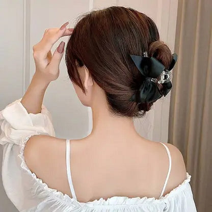 Freebies Satin Bow Hair Clutcher for Women & Girls | Korean Hair Claw Clip | Large Ribbon Bow Hair Clip | Acrylic Claw Clip | Elegant Hair Accessories | French Barrette | Ponytail Holder | Party Daily Wear